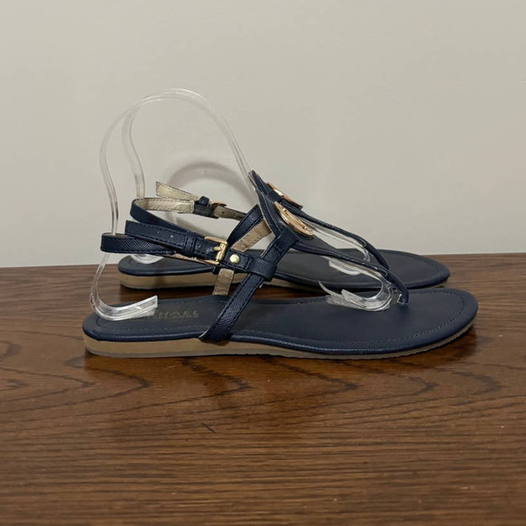 Michael Kors Shoes - Michael Kors Women's Logo Navy Leather T Strap Thong Flats Sandals Size 7.5
